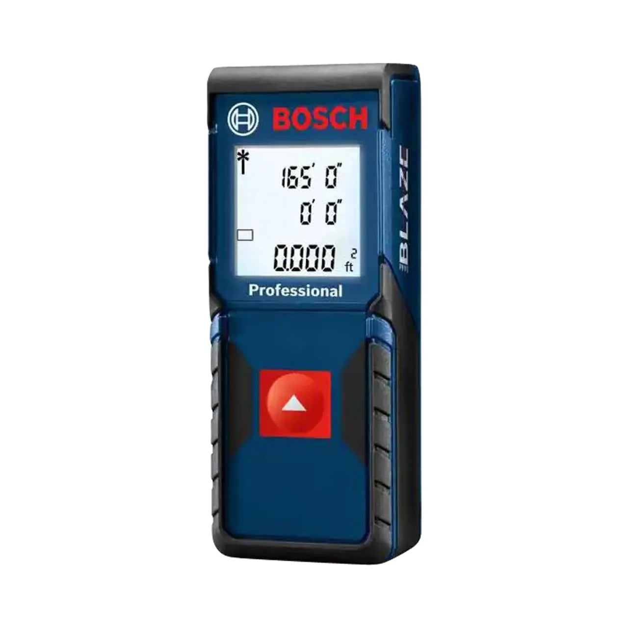 The Go Build BLAZE 165 ft. Laser Distance Tape Measuring Tool features a digital display, blue and black body, red front button, and square footage calculation—making it ideal for quick measurements.